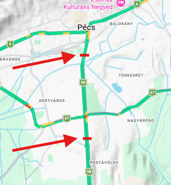 A pécsi lámpás átkelő — 58-as út